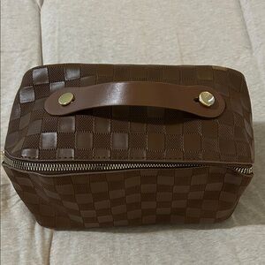 Brown Checkered Make-up Bag